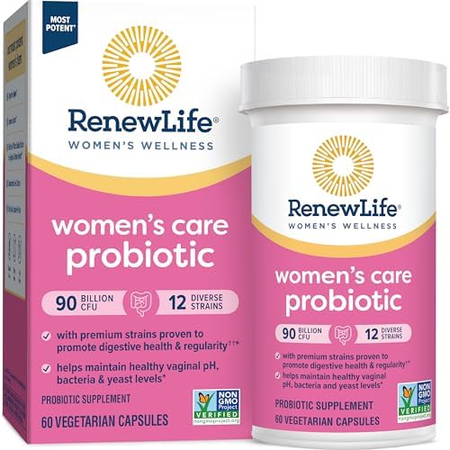 Renew Life Women’s Probiotic Capsules, Supports pH Balance for Women, Vaginal, Urinary, Digestive and Immune Health, L. Rhamnosus GG, Dairy, Soy and Gluten-Free, 90 Billion CFU – 60 Ct