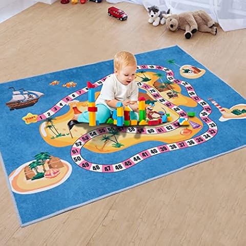 RTBQJ-AT Childrens Kids Girls Play Mats Non Slip Baby Play Mat Machine Washable Digital Road Map Island Scavenger Hunt Educational Nursery Rug, Play, Learn and Have Fun Safely for Kids 80x120cm Cover