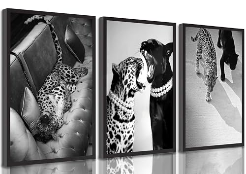 3 Pcs Black and White Cheetah Canvas Wall Art Vintage