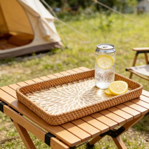 Hocadrv Tablett Rattan Dekotablett VintageTablett aus Rattan Rechteckiger Tablett Servierbrett Serviertablett für Badezimmer Wohnzimmer Garten(37 × 23 × 4 cm)