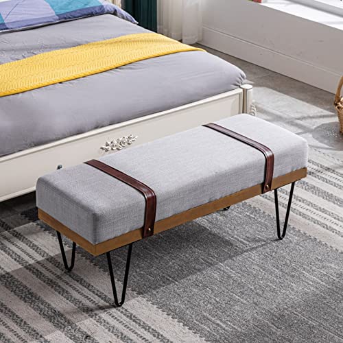 Lukealon Comfy Linen Long Entryway Bench, Padded Bedroom Bed End Bench Modern Ottoman Bench With Two Straps And Metal Hairpin Legs Industrial Dining Table Bench For Living Room, Grey #TOP7