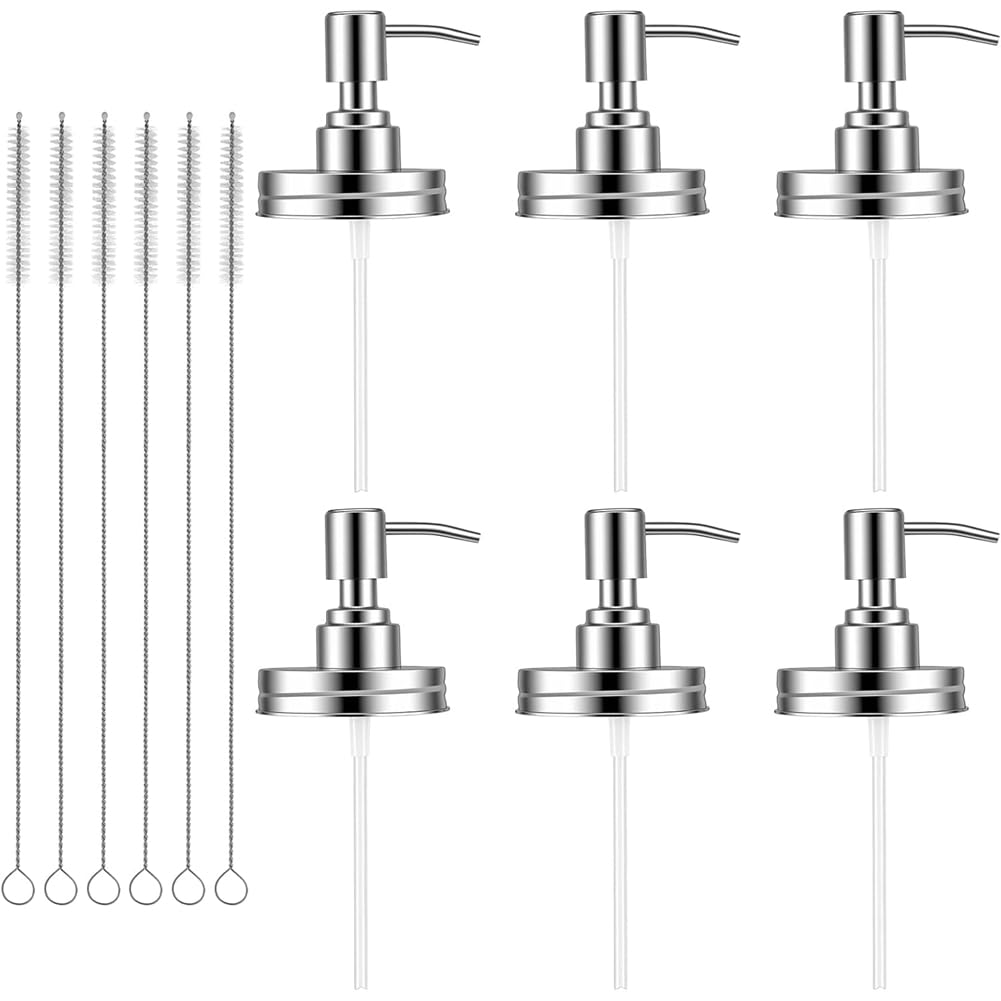 UDSKNV[KSL For 16 Oz Jar Soap Dispenser 6 Pack with Lids, Pumps& 6 Brushes, Leakproof Pump Lid for Regular Mouth Jars
