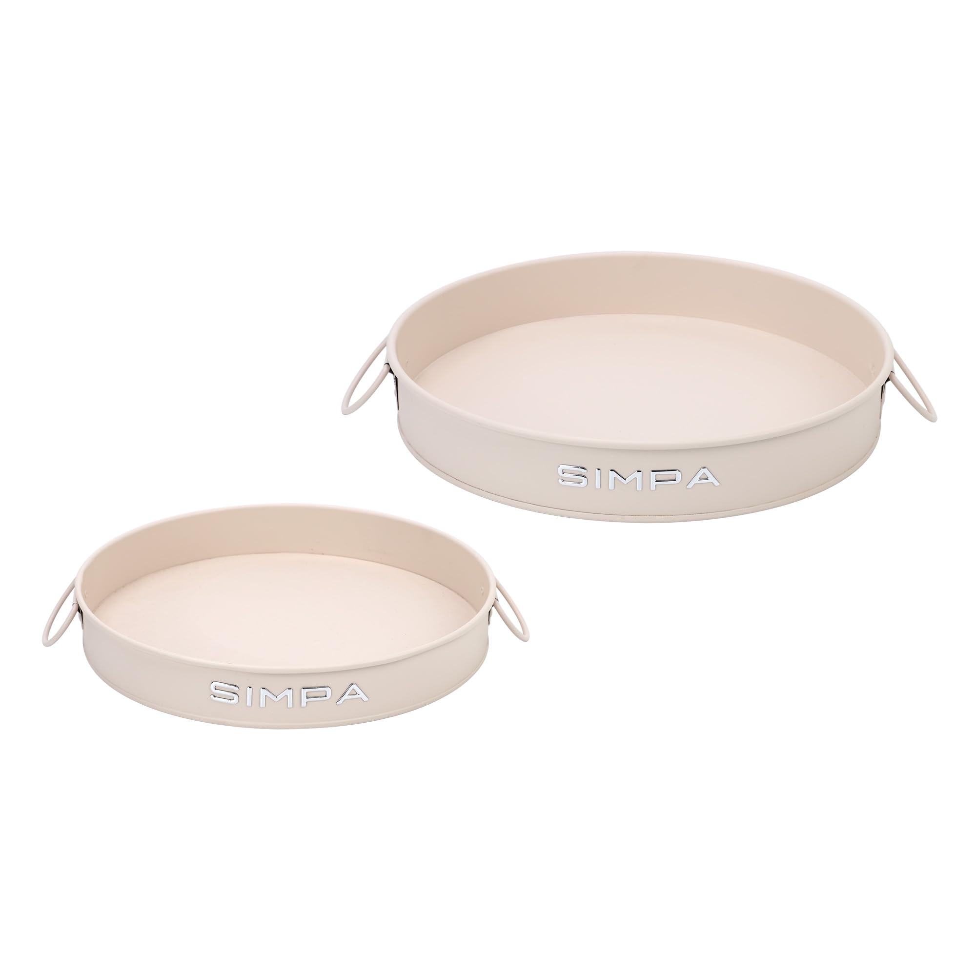 Simpa Matt Cream Round 2Pc Metal Colour Serving Trays Set With Handles, 30Cm & 25Cm Diameter Trays
