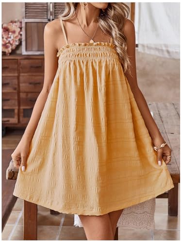 Image of MakeMeChic Women's Babydoll Dress Sleeveless Swing Shirred Mini Dresses | Beach, Summer, Sundress, Ruffle, Casual Dress, Flowy Dress