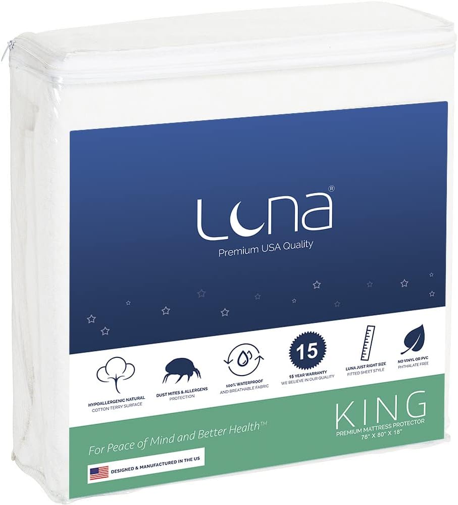 Luna King Mattress Protector - Waterproof Mattress Cover w/Absorbent Cotton Terry Surface - Noiseless, Breathable Topper - 100% Sourced & Produced in The USA