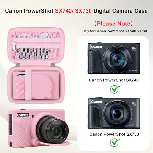 Image of Elonbo Camera Case for Canon PowerShot SX740 / SX730 Digital Camera, Canon SX740 / SX730 HS Hard Carrying Case + Soft Silicone Cover with Removable Lens Cover, Pink