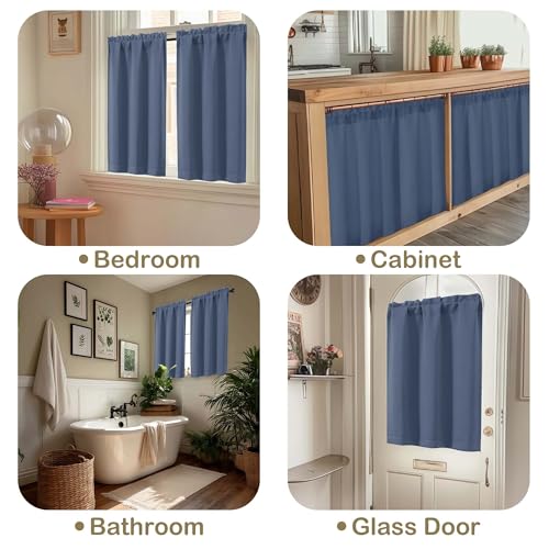 Image of Demin Blue Blackout Curtains for Small Window Treatment, Light Blocking Short Kitchen Window Curtains Over Sink, Dual Rod Pocket Half Window Tiers for Bathroom Basement, 2x40Wx36L Inches