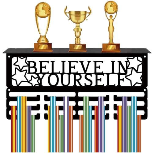 CREATCABIN Colgador de Medallas,Estante para Trofeos,Soporte para Medallas con Soporte para Estante,Pared para Colgar de Metal,Capacidad para Más de 70 medallas para,Cinta de 40x20x10cm