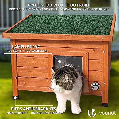 VOUNOT® Katzenhaus aus Holz, Katzen Haus mit Asphaltdach, Katzenhütte für Draussen Outdoor 57 x 45 x 43 cm