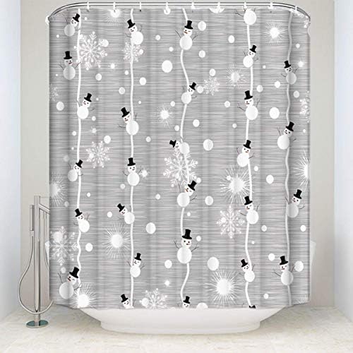 Libaoge White Shower Curtain Sets Winter Snowman and Shiny Snowflake Grey Soap Free Waterproof Fabric Polyester Shower Curtain - Come with Hooks 66" W x 72" H