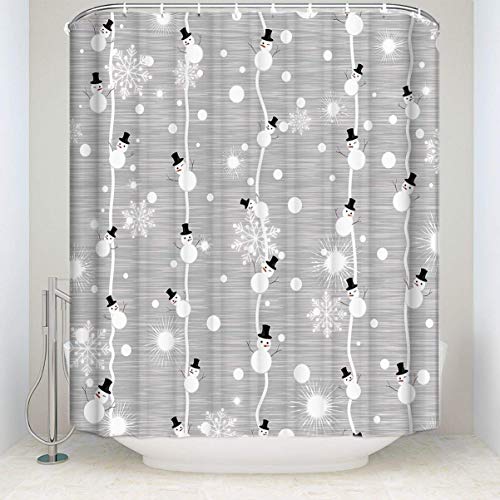 Libaoge White Shower Curtain Sets Winter Snowman And Shiny Snowflake Grey Soap Free Waterproof Fabric Polyester Shower Curtain - Come With Hooks 66" W X 72" H #TOP2