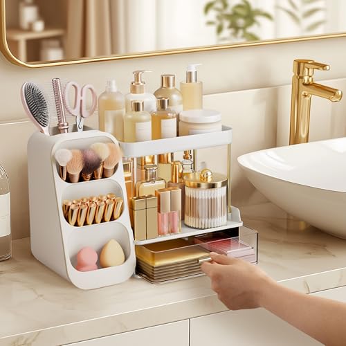 Image of HBlife Bathroom Organizers and Storage with Brush Holder for Vanity, 3 Tier Plastic Makeup Organizer for Dresser Counter, Skincare, Lipstick, Perfume, and Cosmetic Storage