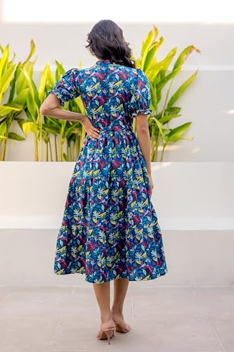 Image of LABEL ADRIJA Pure Cotton Calf Length Midi Dress for Women Floral Print | Flared Anarkali Dress Puff Sleeves
