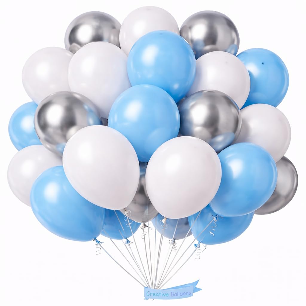 Party Balloons Arch Set - White, Light-Blue, Silver Combo - 5 Inch & 10 Inch - Pack of 100 - Helium Set - Wedding, Birthday, Party Shower Decoration