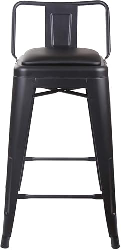 Vista 157 de GIA Taburete de metal con respaldo bajo de altura de mostrador de 24 pulgadas con asiento de cuero vegano, color plateado