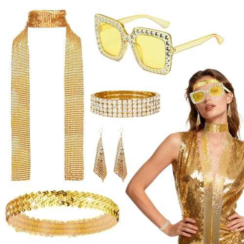 Dongcill 70er Jahre Outfit Damen, 5 Stück 70er 80er Disco Accessoires Glitzer Karnevalskostüme Damen mit Strass Sonnenbrille Armband Schal Ohrringe...