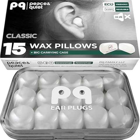PQ Wax Ear Plugs for Sleeping, Swimming - 15 Soft Noise Cancelling Silicone Gel Wax Earplugs for Sleep and Swimmers, Ear Protection with Sound Blocking Level of 32 Db, (15-Pillows), Color: White Cover
