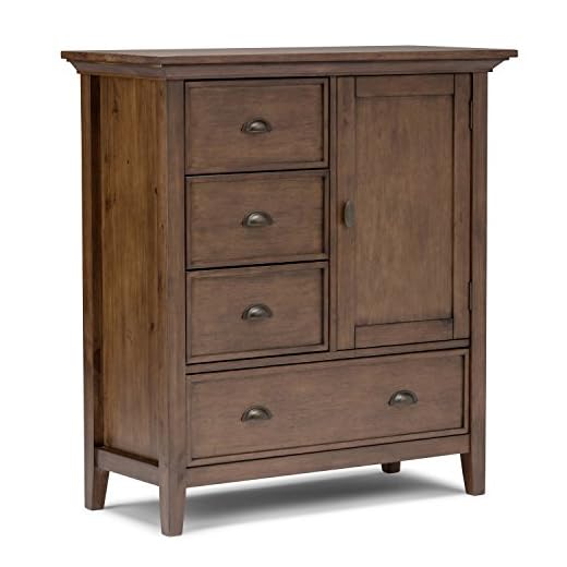 SIMPLIHOME Redmond SOLID WOOD 39 inch Wide Transitional Medium Storage Cabinet in Transitional Natural Aged Brown, with 3 Small Drawers, 1 Large Drawer, Large Cabinet Space Behind 1 Side Door