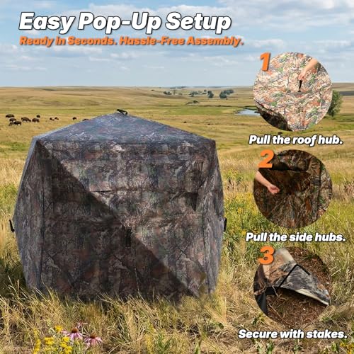 SUMSEEK Hunting Blind 360 Degree See Through, 2-3 Person Pop Up Ground Blind for Deer and Turkey, Portable Camouflage Tent with Quiet Zipper Door and Carrying Bag (2-3 Person)