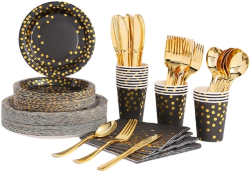 Party Supplies - 210 PCS Disposable Dinnerware Set, Serves 30 Guests, Golden Dot Paper Plates Napkins Cups, Gold Plastic Forks Knives Spoon for Wedding Birthday Baby Shower (black and rose red dot)