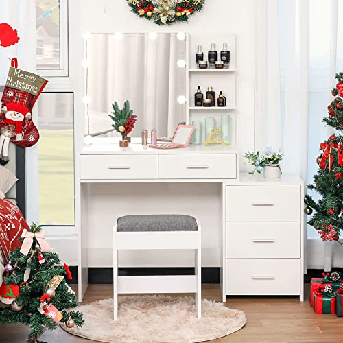 usikey 43.5in Large Vanity Set with Mirror, 10 LED Lights, 5 Drawers, Stool and Storage Shelves, White