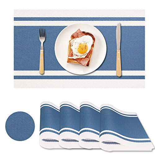 Prosperbiz Placemats Set of 4 for Dining Table, Heat-Resistant Blue Placemats Stain Resistant Anti-Skid Washable PVC Table Mats Woven Placemats