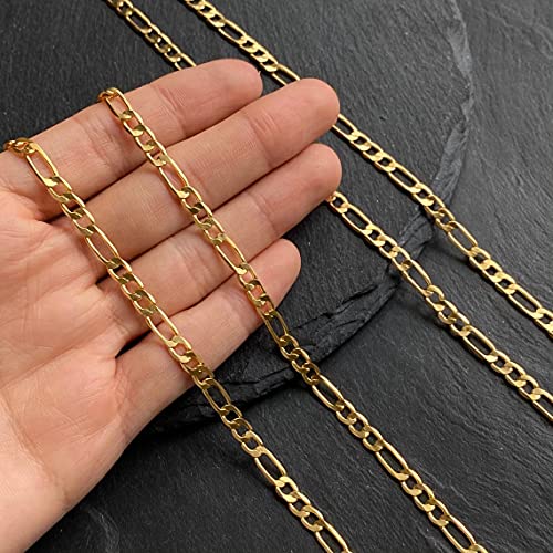 Nuzon 4Mm Gold Figaro Chain Necklace For Women Girls Solid 14K Gold Plated Flat Hollow Diamond-Cut Link Choker Necklace Dainty Layering Jewelry 16’’ #TOP4