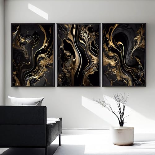 Black Gold Canvas Wall Art - Abstract Marble Painting, Modern