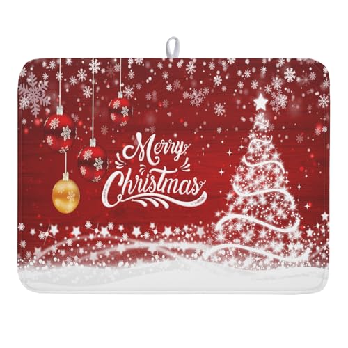 Merry Christmas Dish Drying Mat for Kitchen Counter Winter Snowflake Pine Fast Absorbent Red Drying Mat 18x24 Inch Xmas Jingle Bells Decoration Dishes Pad Dish Drainer Rack Mats Holiday Decor by Kawani - Used condition - US$11.58