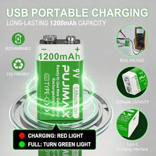 Image of PUJIMAX 9V Rechargeable Battery 1200mAh - High‑Capacity Lithium‑Ion with USB‑C Charger Cable, Long Life (1200+ Cycles), 10‑Year Shelf Life, Reliable 9V Output - 1‑Pack