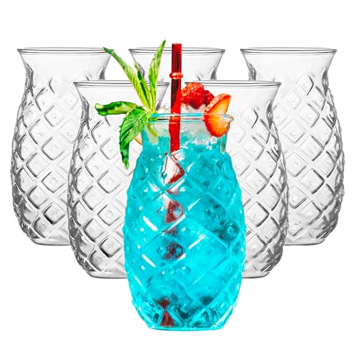 binsakao Pineapple Cup - Tiki Glasses for Cocktails - Pina Colada Hurricane Drinking Glasses for Bar Decor Set of 6 - Outdoor Mixed Drink Ice Tea Wine Glass Hawaii Tropical Barware 17 Oz