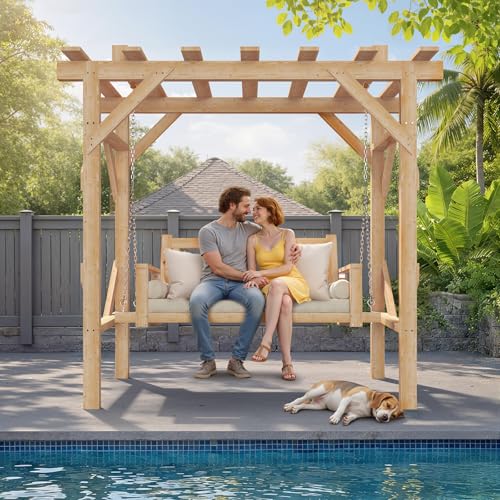 Image of Aoxun Cedar Wood Outdoor Pergola Swing Bench, Porch Swing with Stand, 3-Seat Hammock Patio Swing Set with Canopy，Metal Chains for Backyard, Garden, Natural