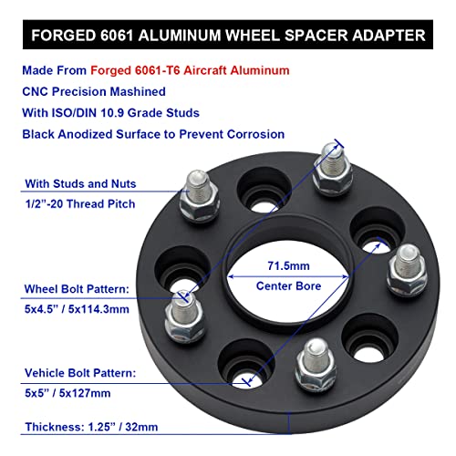 VLAOSCHI Black Forged 5x5 to 5x4.5 Hubcentric Wheel Adapters 1.25 Inch with 1/2" Studs Compatible with Jeep 5 Lug 5x127 to 5x114.3 for 2007-2018 Wrangler JK | 1999-2010 Grand Cherokee WJ WK -Pack of 4 by VLAOSCHI - Image 5