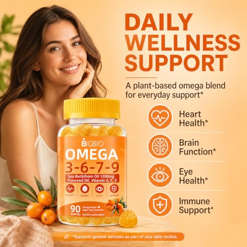 Omega 3-6-7-9 Gummies, Organic Sea Buckthorn Oil 1200MG & Flaxseed Oil 500MG, Vegan Omega 7 Supplement w/Vitamin A, C, E, Fatty Acids, No Fish Taste, Supports Skin, Eye, Immune, Brain Health, 90 Cts — view 2