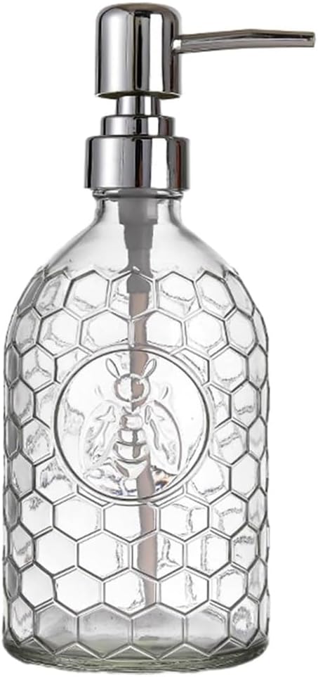WAIT FLY Colorful Embossed Glass Soap Bottle with Plastic Pump, Refillable, Home Decoration - Clear - 16oz