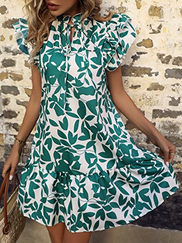 Sweatyrocks Women's Graphic Print Short Sleeve Tie Neck Dress Ruffle Hem Summer Short Dresses Green White L #TOP3