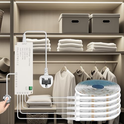 KSIBNW 12V COB LED Strip Lights Kit, 6pcs 1M LED Strips Dimmable 6000K Cool White Under Cabinet Kitchen Lights Flexible Super Bright Lighting for Shelf, Cupboard, Bookcase, Desk, with UK Plug