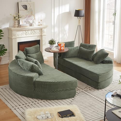 Image of 78'' Oversized Round Sleeper Sofa Bed, Convertible Circle Chaise Lounge Chair Indoor, Modern Fluffy Plush Corduroy Cloud Boneless Couch, Assembly Free, Comfy Bean Bag for Living Room, Green