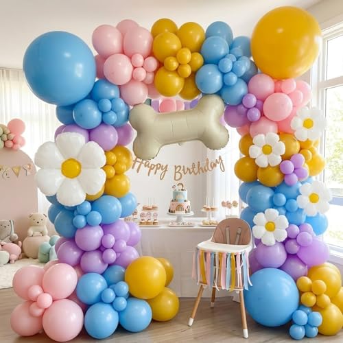 Image of 120Pcs Blue Yellow Balloon Garland Arch Kit with Pastel Purple, Pink, Daisy Flower Bone Foil Balloons, Perfect for Girls' Birthday Decorations, Puppy-Themed Party Supplies, Dog Party