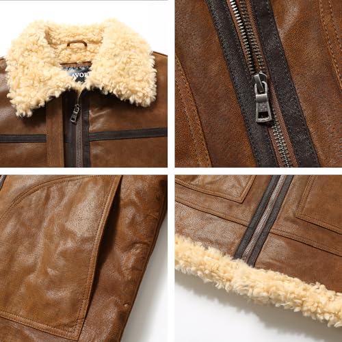 FLAVOR Men's Leather Bomber Jacket Winter Warm Shearling Aviator Jackets with Adjustable Belt Strap4
