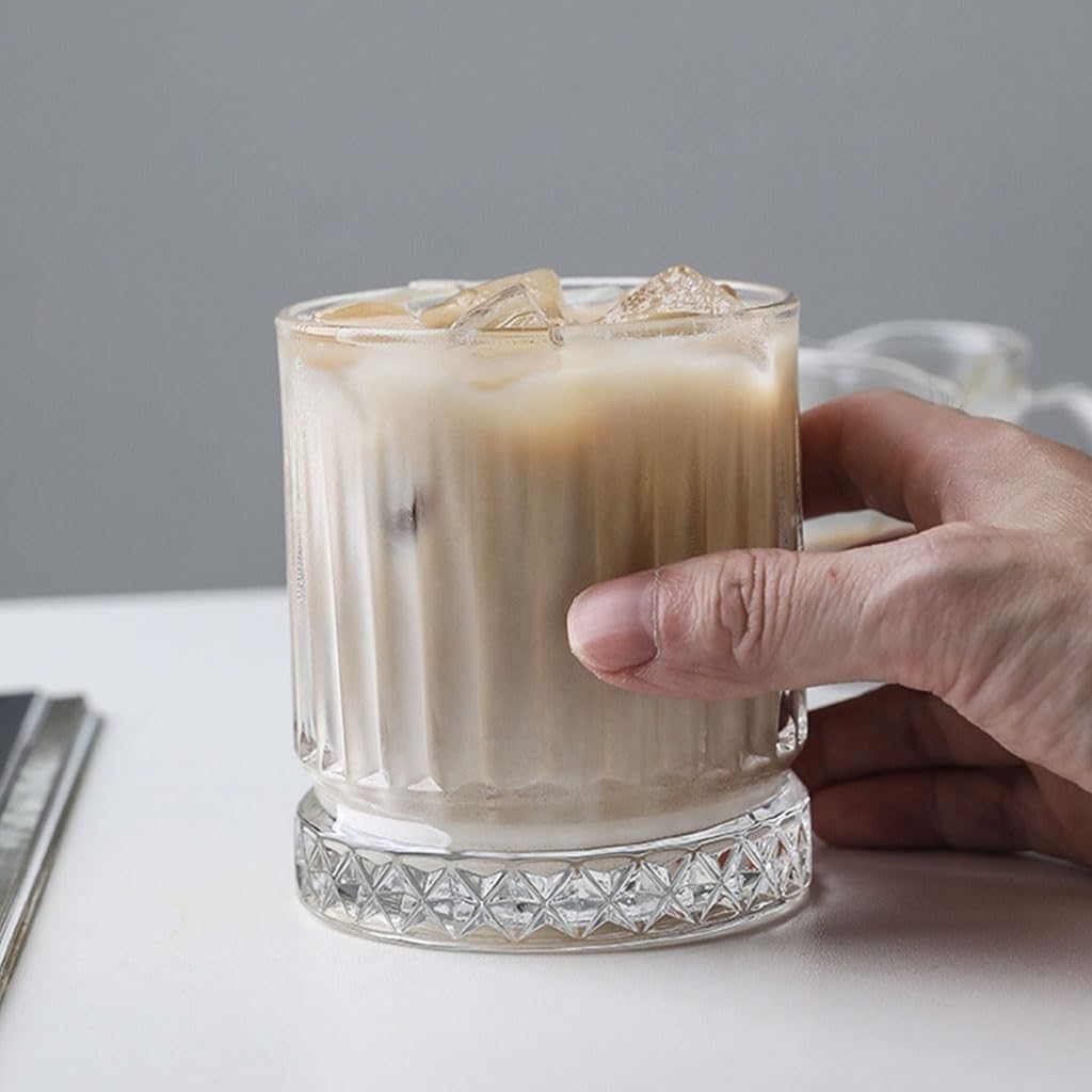 Exquisite 2 Pack Home Striped Glass Cup Ice Coffee Glasses Juice Beverage Cups Whiskey Glasses Drinking Mug Retro Glassware Set Practical