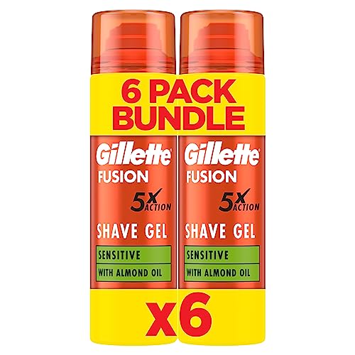 Gillette Fusion Shave Gel for Men with Almond Oil for Sensitive Skin 5X Action: Cleanses Hydrates Protects Refreshes and Soothes 6x200ml