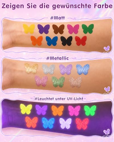 Lictin Tattoo Stifte Kinder, 16 Farben Tattoostifte für Kinder mit 8 Tattoo Schablonen, Wasserfest Schminkstifte für Erwachsene, Kinderschminke Glitzer Tattoo Set für Halloween Schminke