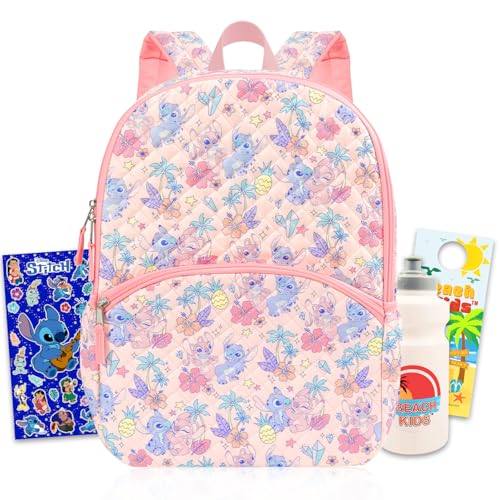 Disney Conjunto de mochila Stitch and Angel para meninas – Pacote com mochila escolar acolchoada de 41 cm, garrafa de água, adesivos, mais | Bolsa escolar Stitch para crianças