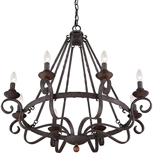 Image of Quoizel Noble 32 inch Candle-Style Chandelier, 8-Light, Rustic Black | Solid Wood Accents, European Style, Adjustable Height Up To 85 inch