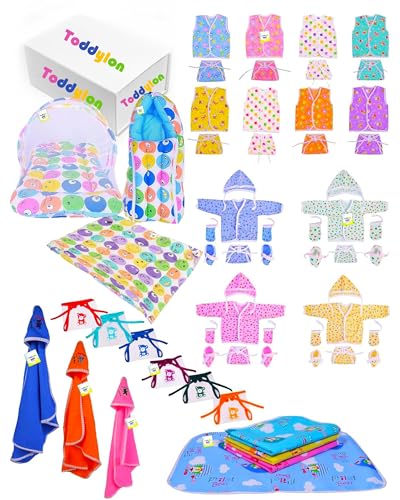 Image of Toddylon Flat Bed 56 in 1 New Born Products All | Gift Packs | Baby Shower | Bed | Clothing | Essentials Items | Combo Pack | Maternity Kit | Infants | Bedding | Clothes (0-6 Months, Multicolor)