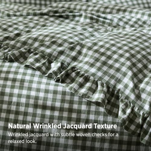 Image of Bedsure Gingham Ruffle Duvet Cover Set, Queen, Cotton-Like Bed, Olive Green