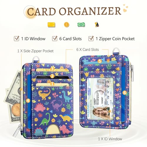 Image of Kelvoris Cute Dinosaur Credit Card Holder, Small Wallet Women, Slim RFID | Keychain, Zipper Coin Pocket, Front Pocket Thin Travel Card Case, Minimalist, 6 Card Slots, 1 ID Window, Ladies Gifts Woman
