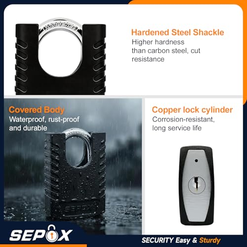 Image of SEPOX Heavy Duty Outdoor Padlock with 2 Keys - 3-3 /16 inch (80mm) Weatherproof Rustproof Lock for Gate, Fence, Shed, Toolbox - Black 3PCS
