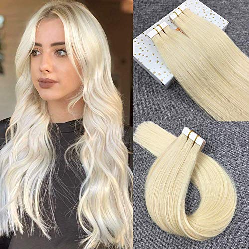 Reysaina 22inch 50G Tape in Remy Human Hair Extensions Platinum Blonde Color #60 Seamless PU Skin Weft Hair Extensions